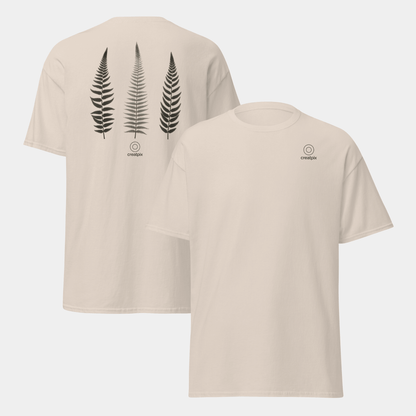 Beige Creatpix tee showing plain front and triple fern graphic on the back.