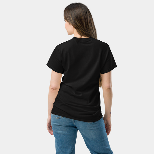 back view of woman in botanical print white t-shirt – now 15% off