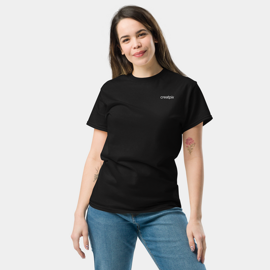 front view of woman in black t-shirt with bold circular print and text – now 15% off