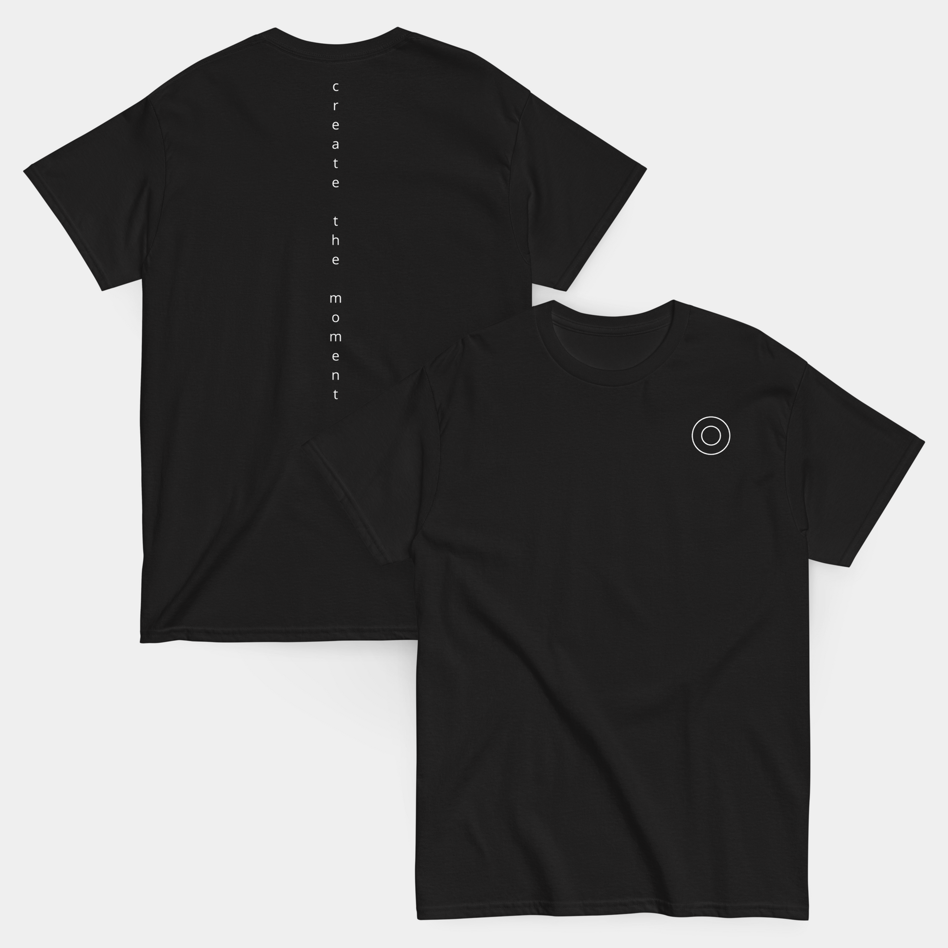 flatlay: front and back of slogan create the moment spine black t-shirt – now 15% off