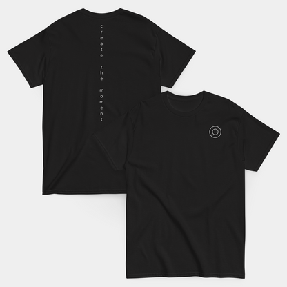 flatlay: front and back of slogan create the moment spine black t-shirt – now 15% off