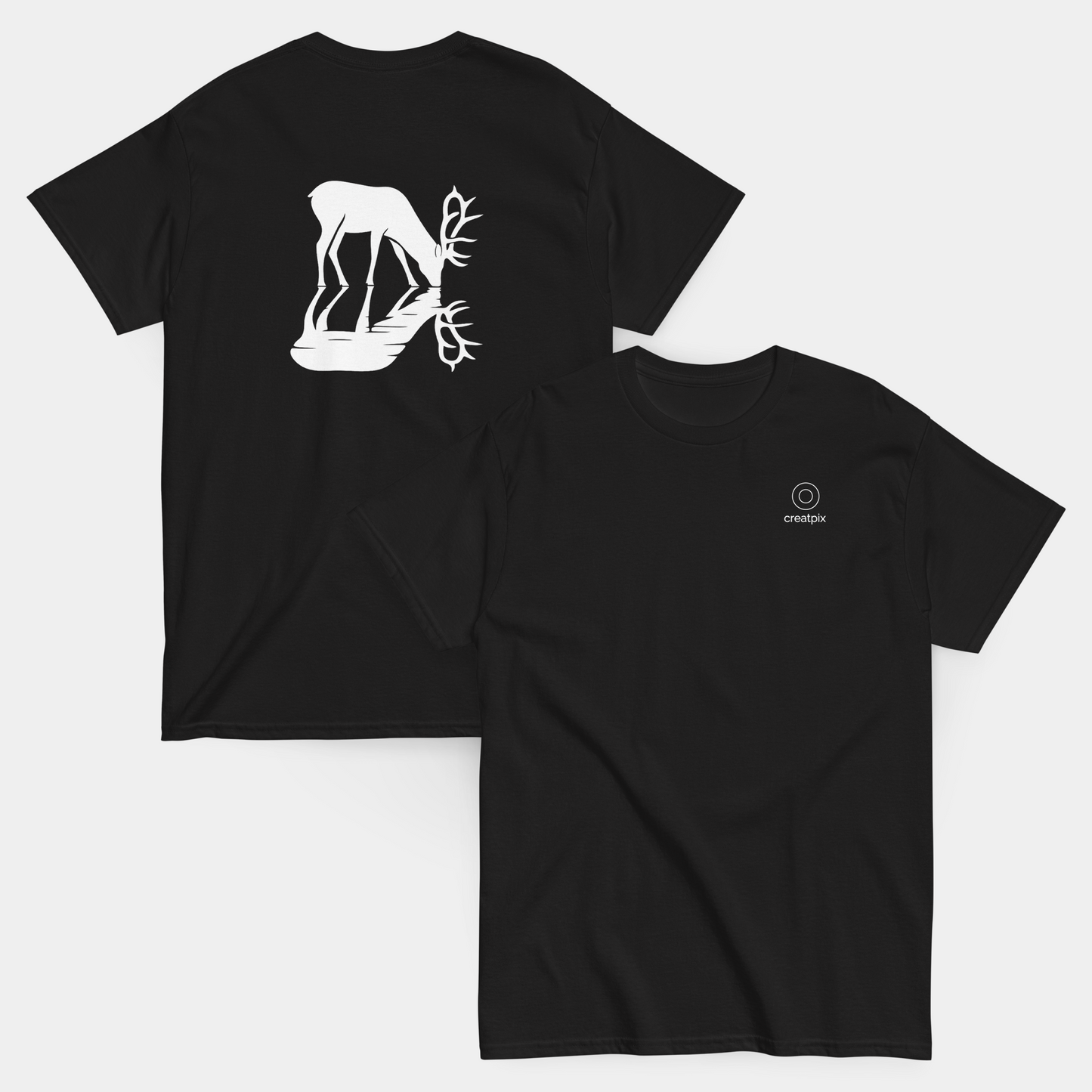 product flatlay: front and back of deer reflection black t-shirt – now 15% off