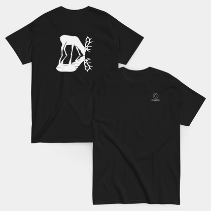 product flatlay: front and back of deer reflection black t-shirt – now 15% off