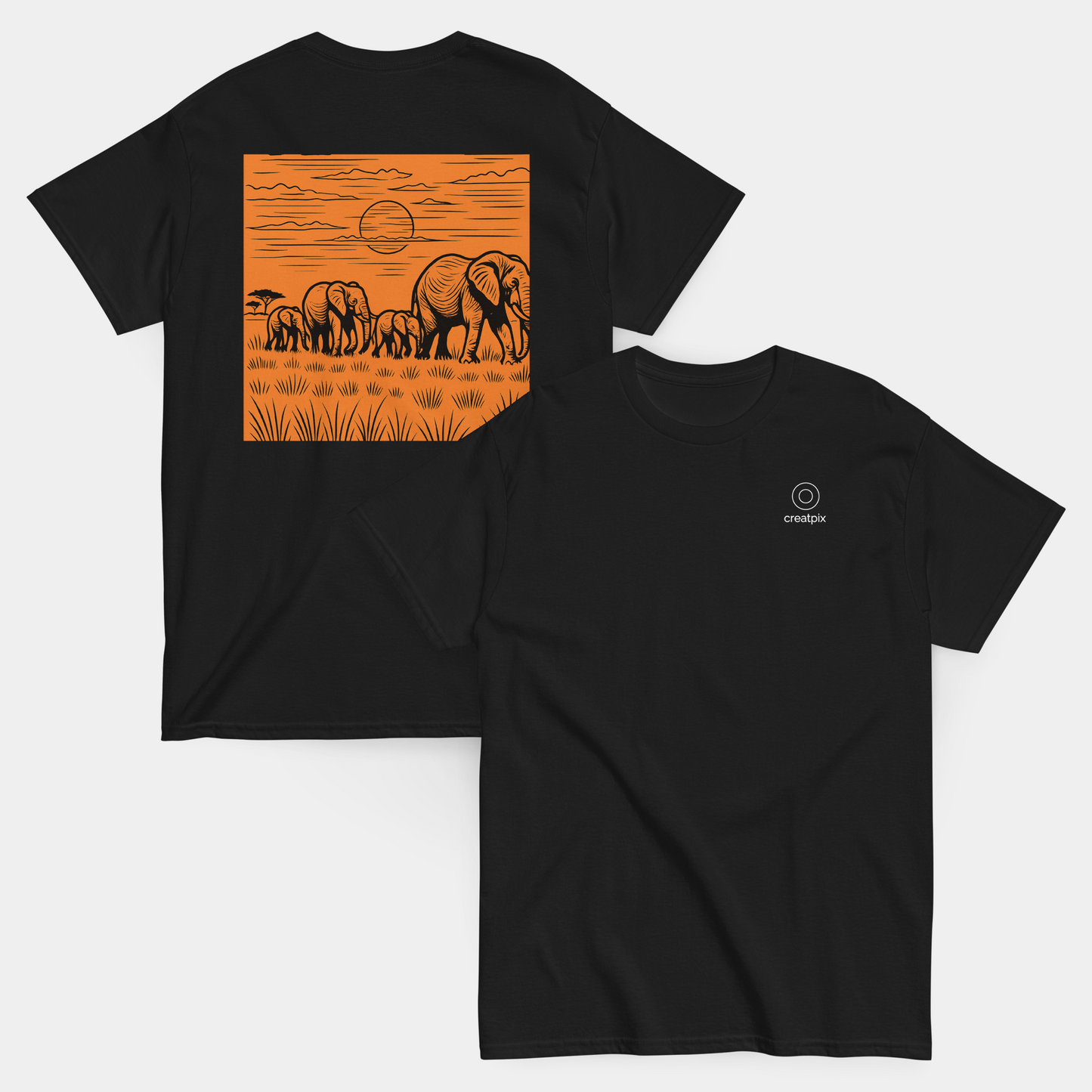 product flatlay: front and back of elephant sunset black t-shirt – now 15% off