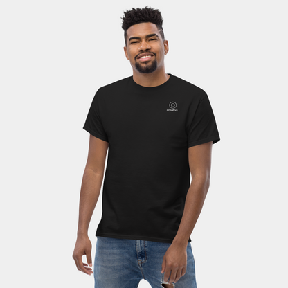 front view of man in a black creatpix t-shirt – elephant sunset design on the back – now 15% off