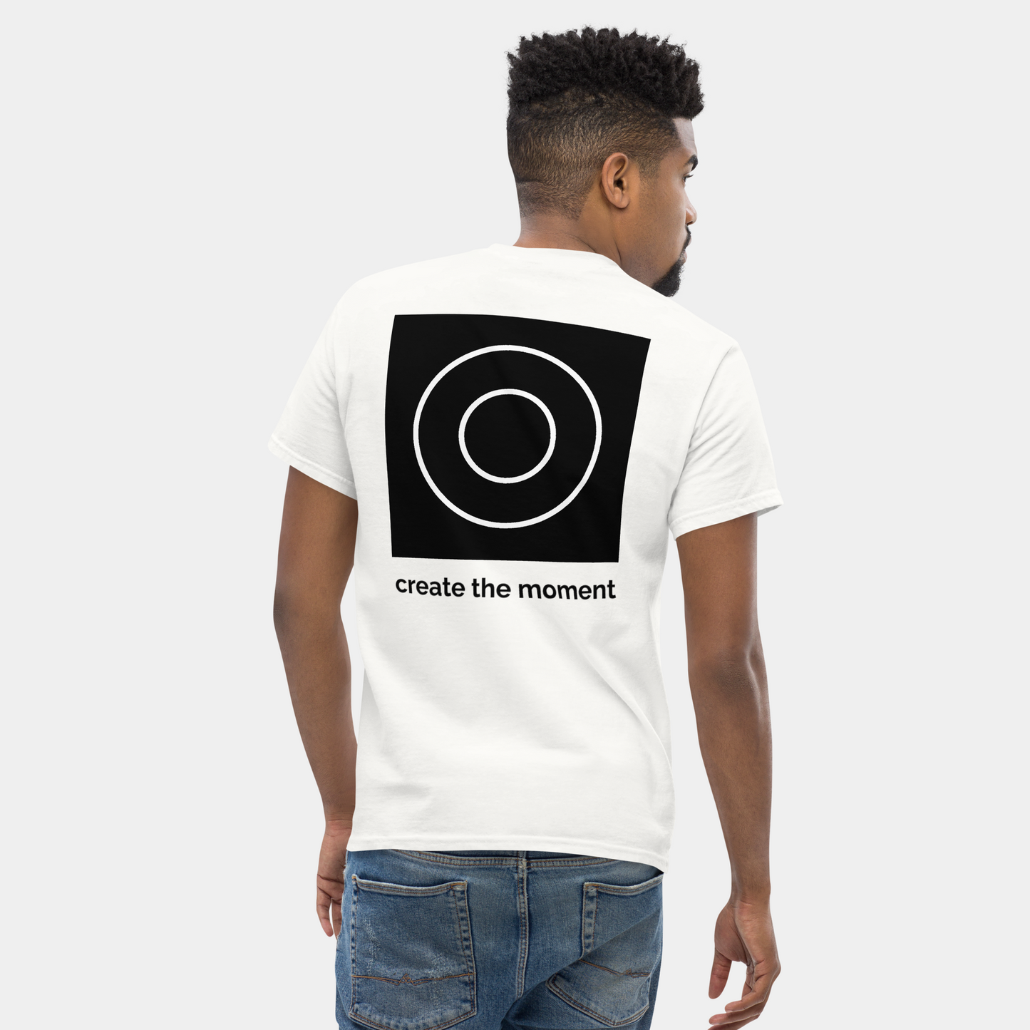 model wearing creatpix logo durable organic cotton t-shirt (white) by creatpix
