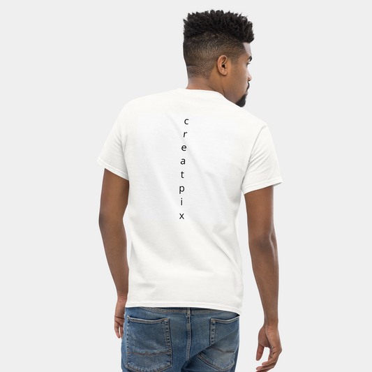 front view of man in a white creatpix t-shirt with small logo – now 15% off