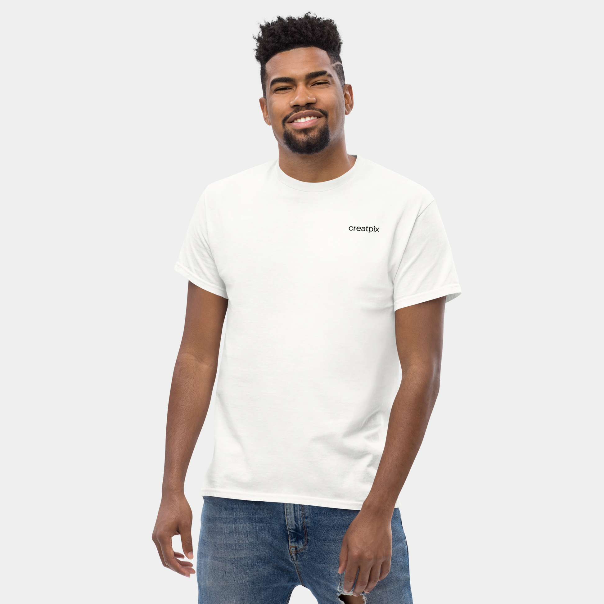 model wearing creatpix logo durable organic cotton t-shirt (white) by creatpix