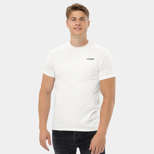front view of man in white t-shirt with green square nature photo collage – now 15% off