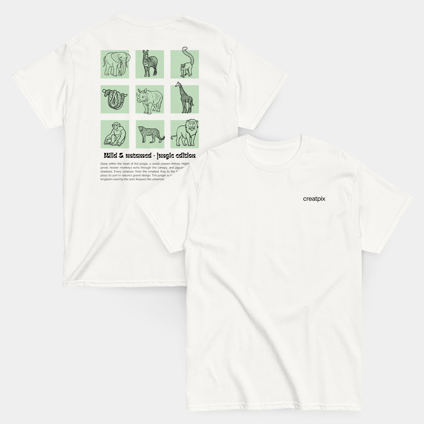 flatlay of wild photo print t-shirt front and back – now 15% off