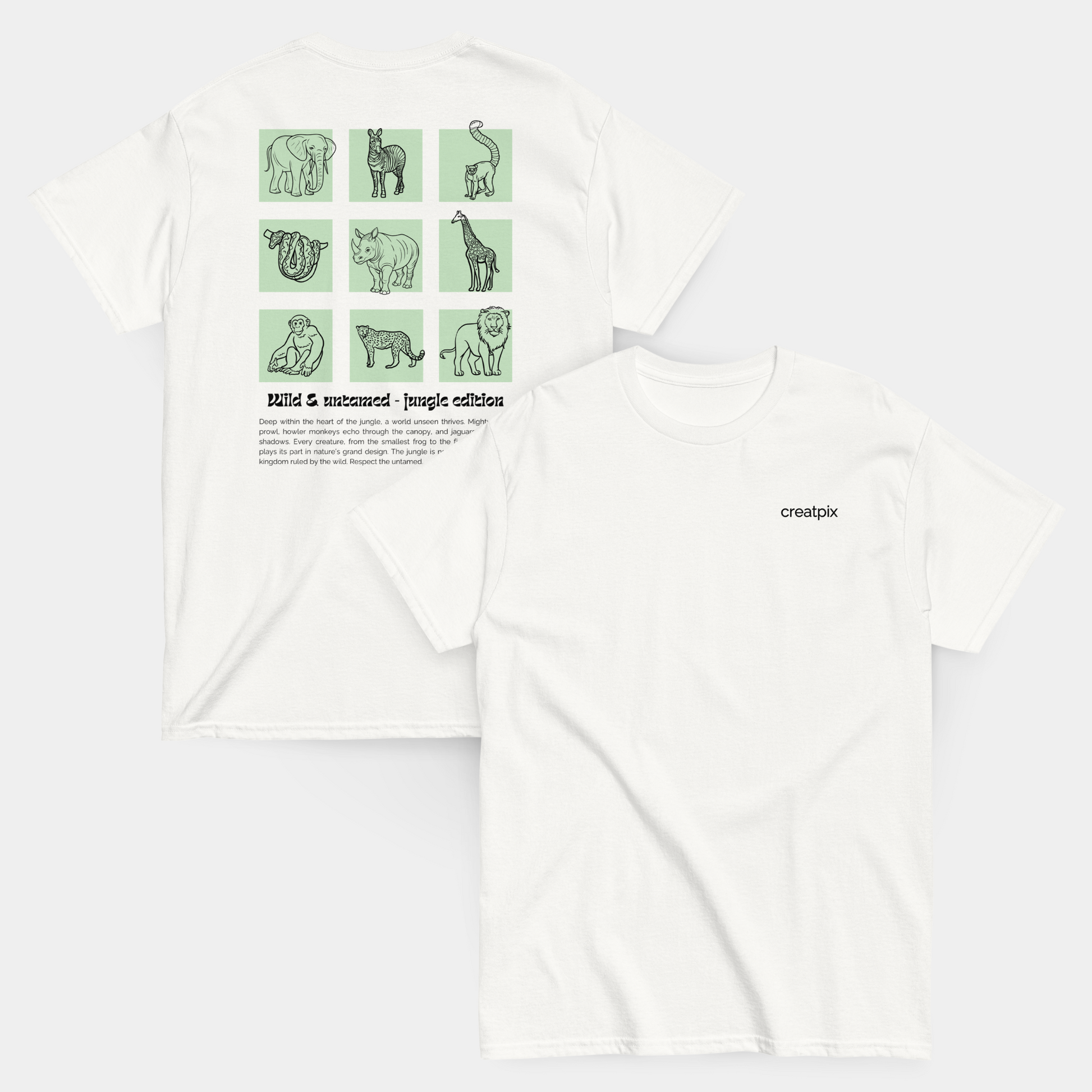 flatlay of wild photo print t-shirt front and back – now 15% off