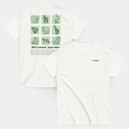 flatlay of wild photo print t-shirt front and back – now 15% off