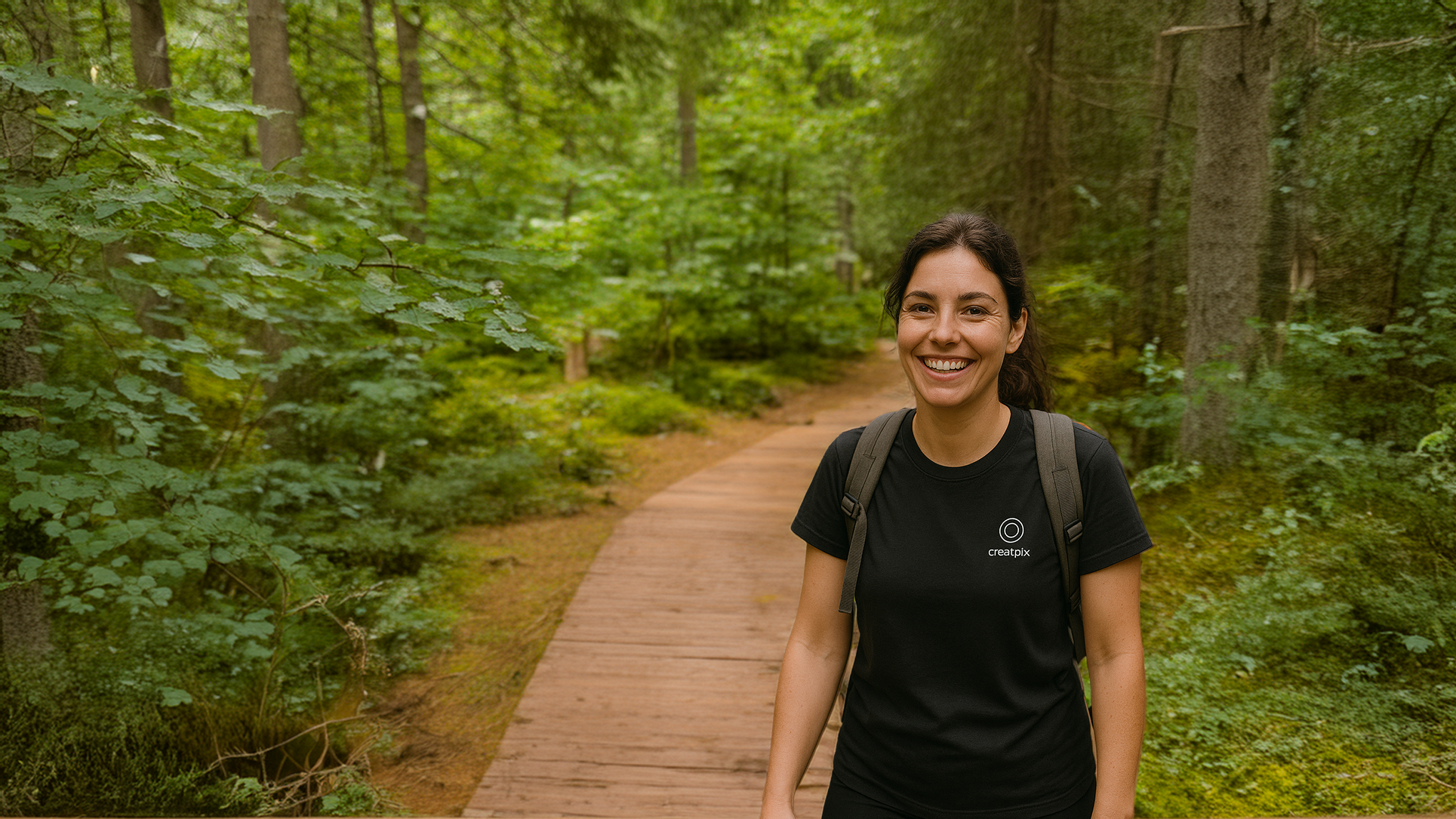 A smiling woman wearing a black active t-shirt and a backpack walks on a wooden path through a lush green forest.